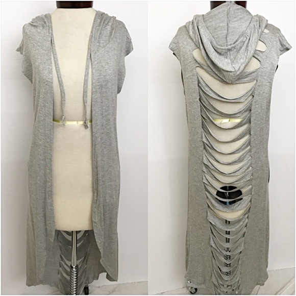 Distressed Duster Cardi Coverup Vest Hoodie OS SML - Picture 8 of 8
